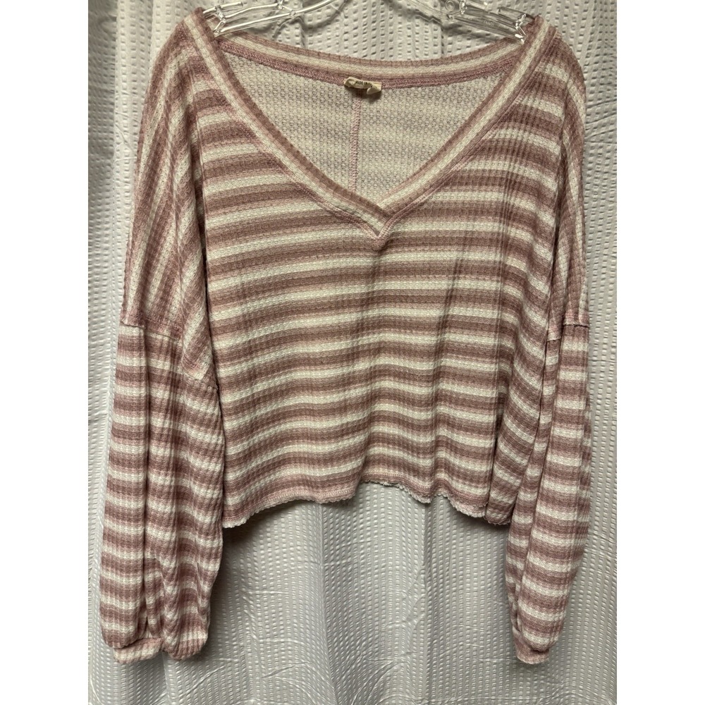 Peach Love California Women's Drop Shoulder Waffle Knit Oversized V Neck Size M